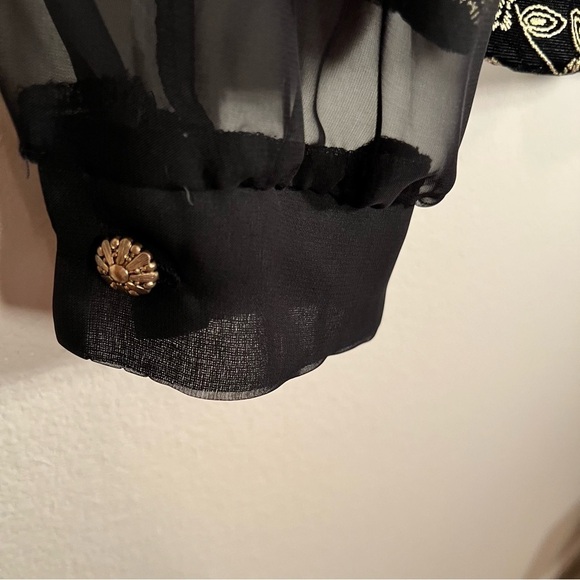 Black and Gold Embroidered Top Sheer Sleeves - Picture 5 of 9